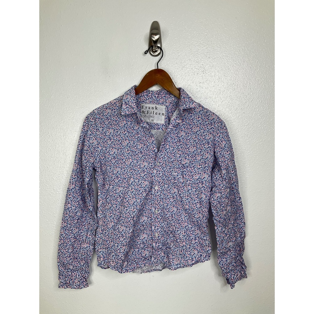 Frank & Eileen Barry Floral Button Up Shirt Blue Pink Cotton XS Woven In Italy